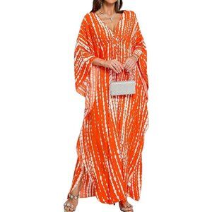 Womens Orange & White Strips V-Neck Batwing Sleeves Summer Cover Up Kaftan Dress